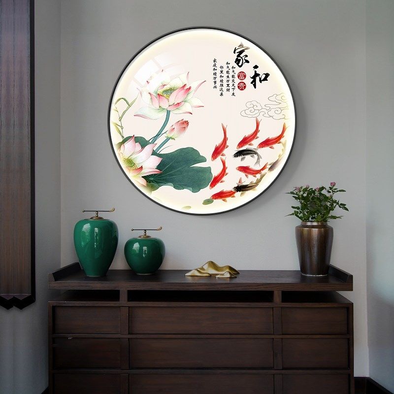 玄关装饰画九鱼图招财创意挂画新中式餐厅墙面装饰壁画圆形带定做,家居饰品,现代装饰画,淘宝优惠券,粉丝福利购,淘宝优惠卷
