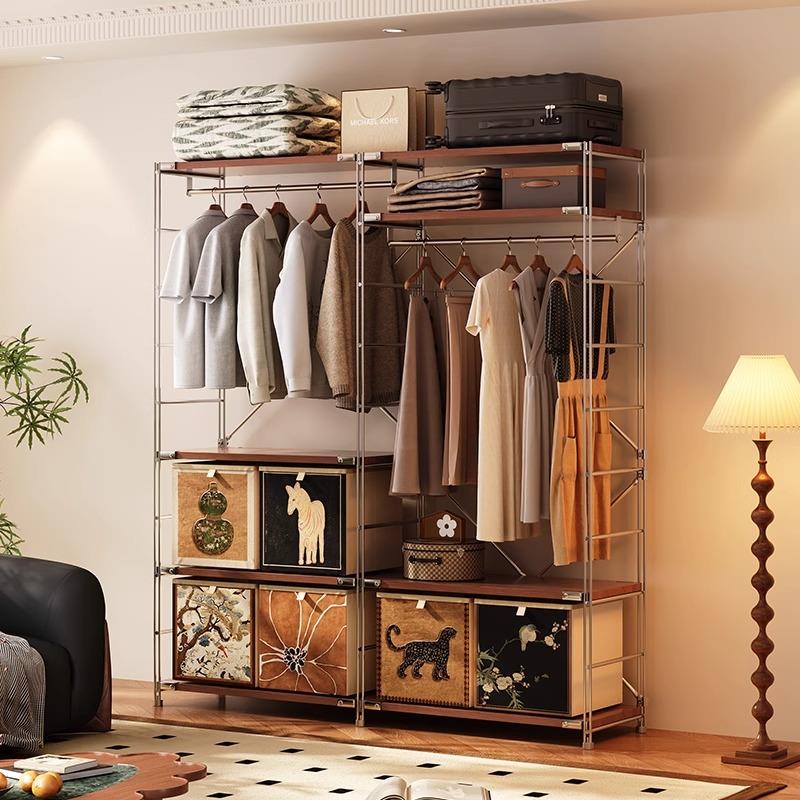 家用开放式衣帽架日式原木风挂衣架卧室长裙收纳衣柜简约置物架