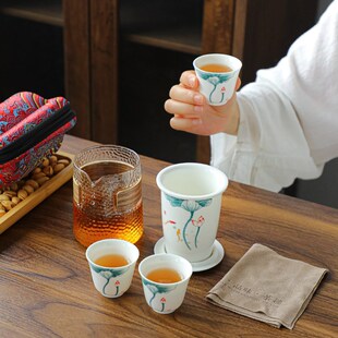 创意荷韵雀翎图羊脂玉旅行茶具便携快客杯一壶两杯办公户外泡茶器