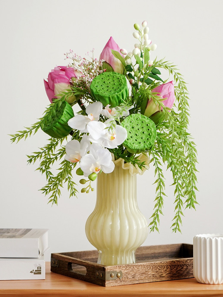 野岛荷花彷真花束客厅假花装饰摆设彷生莲蓬莲花餐桌高档花艺摆件