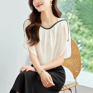 法式 山姆优选花边领衬衫 圆领短袖 夏季 气质优雅桑蚕丝 宽松显瘦薄款