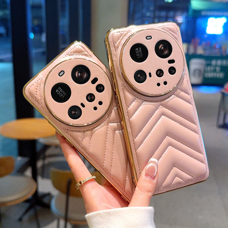 适用小米15Ultra手机壳皮革V纹电镀金色新款小米Xiaomi15手机套奢华简约个性小米15Pro时尚超薄全包防摔保护