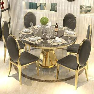 大理石餐桌家用餐桌椅吃饭大桌子带转盘圆餐桌家具 轻奢不锈钢新款