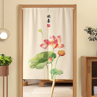 中式 荷花门帘卫生间隔断帘厕所莲花免打孔半截帘子风水遮挡帘半帘