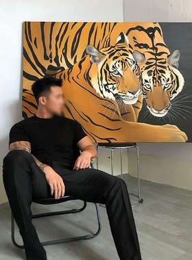 伯都与山君小众艺术客厅装饰画创意两只大老虎玄关处壁画卧室挂画