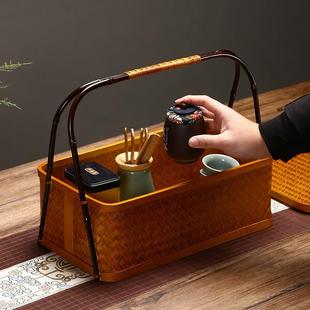 手工编织提篮茶具收纳盒复古竹编食盒家用果篮月饼礼盒竹篮野餐篮