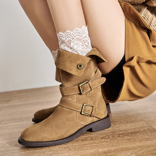 女士两穿休闲款 2025年秋冬圆头粗跟低跟中筒短靴子百搭西部靴 时尚