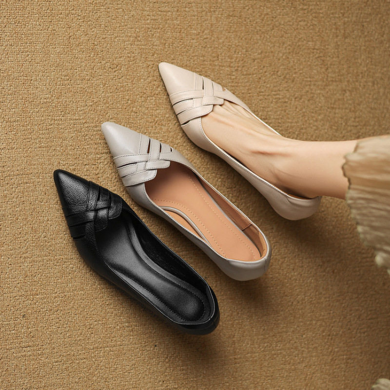 5cm细跟软羊皮尖头单鞋女春秋新款浅口编织高跟鞋中跟通勤工作鞋