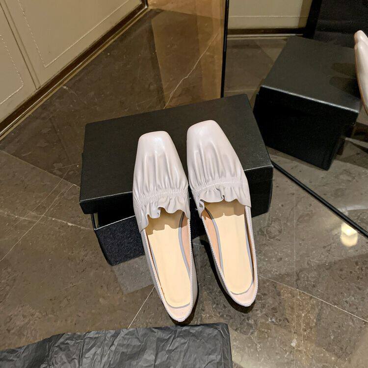 羊皮方头一脚蹬女鞋春秋新款复古花边褶皱奶奶鞋软底低跟平跟单鞋