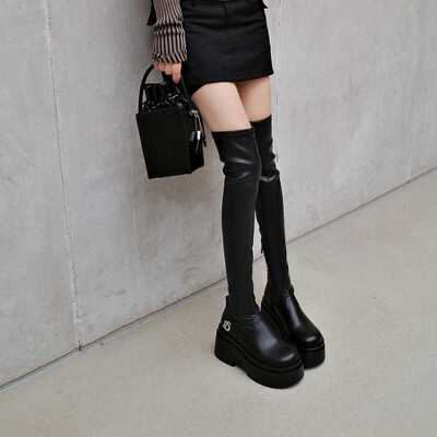 玥莱雅~增高过膝长靴女弹力显瘦厚底长筒甜酷大筒围粗腿胖MM高筒