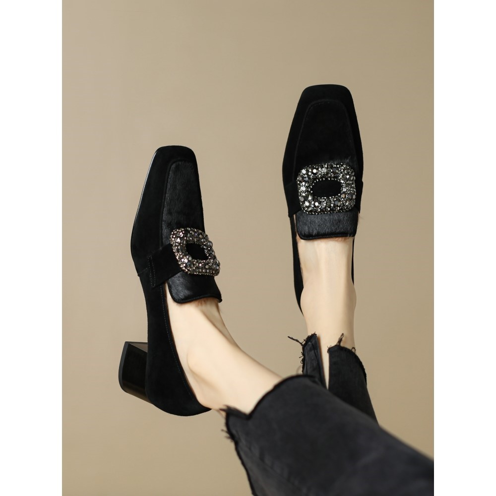 方头水钻时尚单鞋粗跟防滑一脚蹬