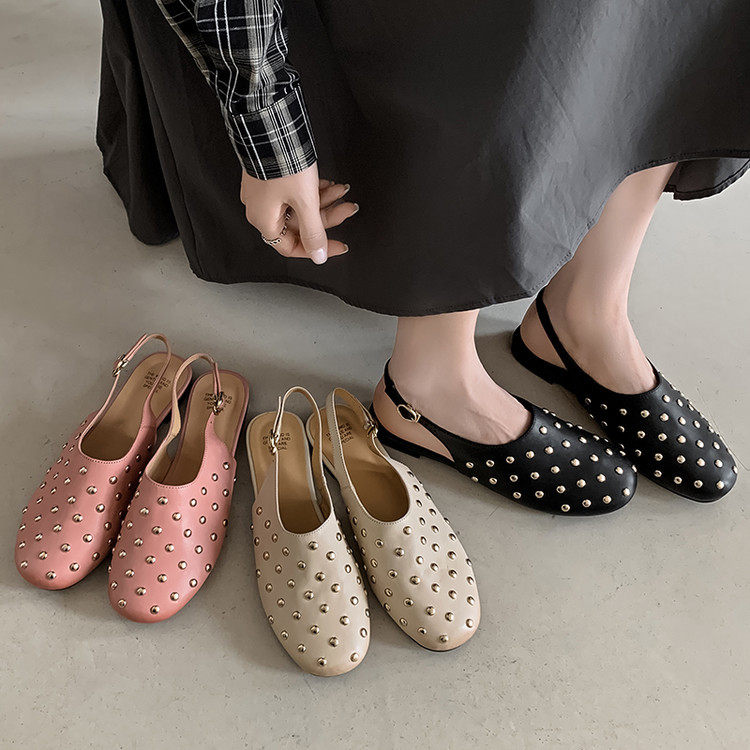 一件代发～法式休闲包头凉鞋夏季新款牛皮单鞋铆钉平底鞋女鞋,户外/登山/野营/旅行用品,登山鞋/徒步鞋,淘宝优惠券,粉丝福利购,淘宝优惠卷