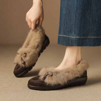 复古真皮加厚毛毛鞋女2025年秋冬新款圆头厚底兔毛加绒保暖单鞋女