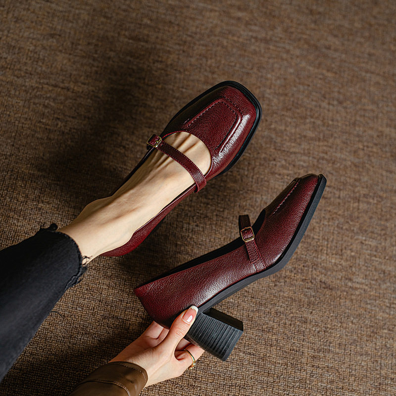 法式优雅气质粗跟浅口一字带玛丽珍单鞋2024秋里外全皮复古高跟鞋