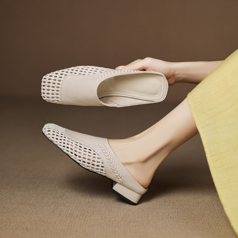 法式镂空编织包头半拖鞋女2025新款夏真皮方头低跟凉拖外穿穆勒鞋