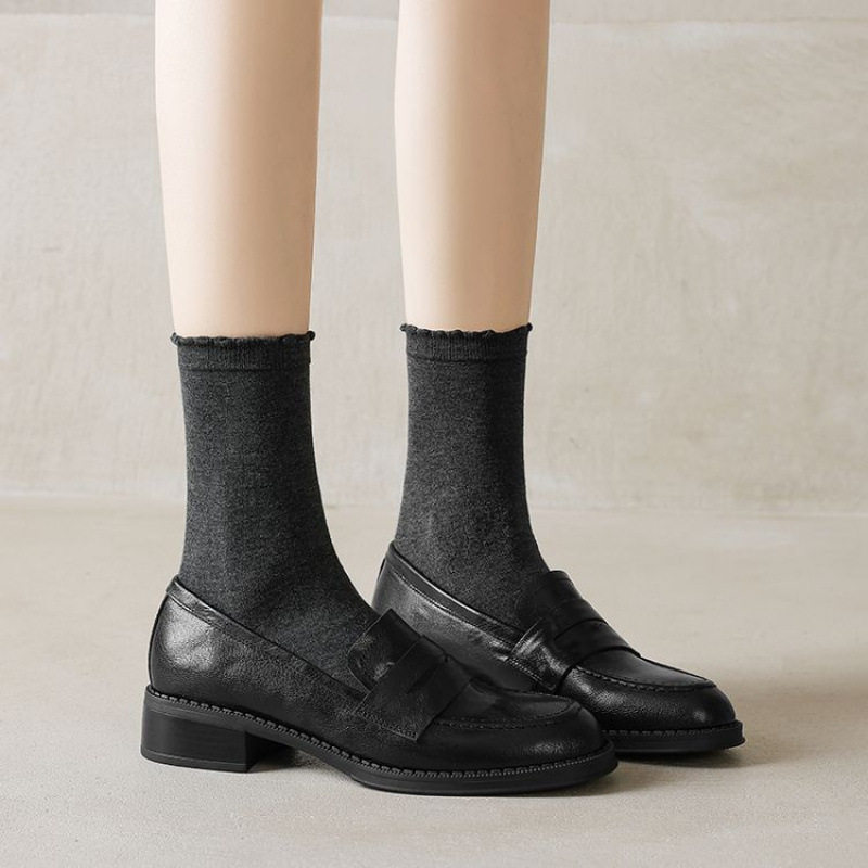 里外全皮！小皮鞋圆头粗跟深口单鞋女2025英伦风复古一脚蹬乐福鞋