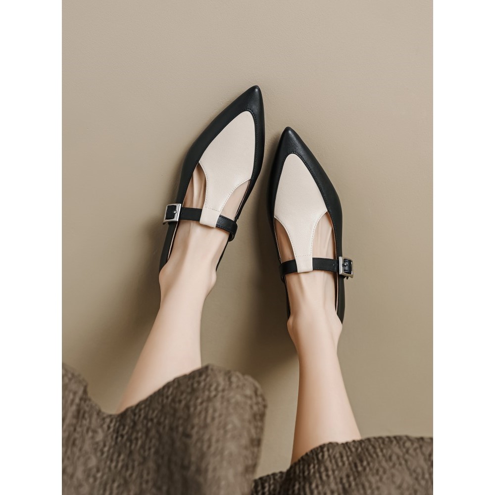 英伦风复古拼色尖头小皮鞋百搭休