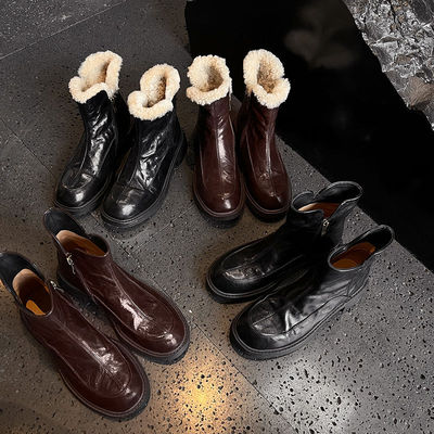 真皮粗跟雪地靴女2025新款冬季马丁靴东北靴子厚绒棉鞋高跟短靴子