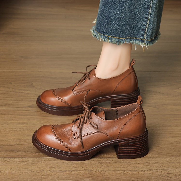 法式深口单鞋女春秋牛皮圆头中跟粗跟真皮布洛克高跟鞋系带小皮鞋,户外/登山/野营/旅行用品,登山鞋/徒步鞋,淘宝优惠券,粉丝福利购,淘宝优惠卷