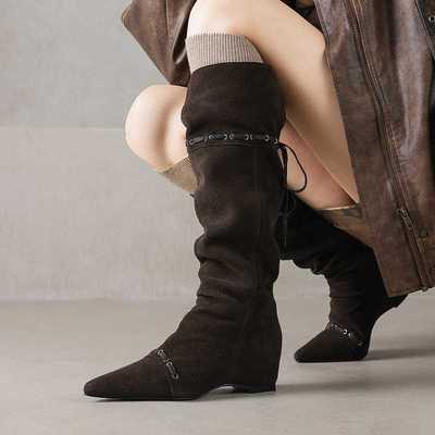 5CM内增高牛反绒气质尖头纯色长筒靴女粗跟百搭大筒围高筒骑士靴