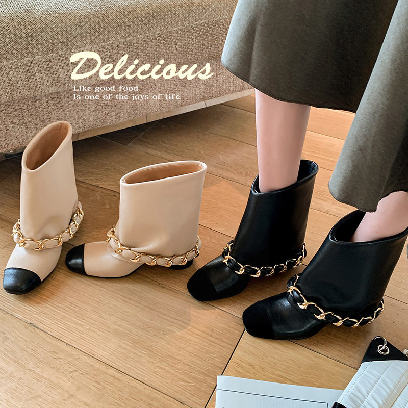 博主推荐~真皮法式小香风方头粗跟链条编织裤管靴巨好看短靴女