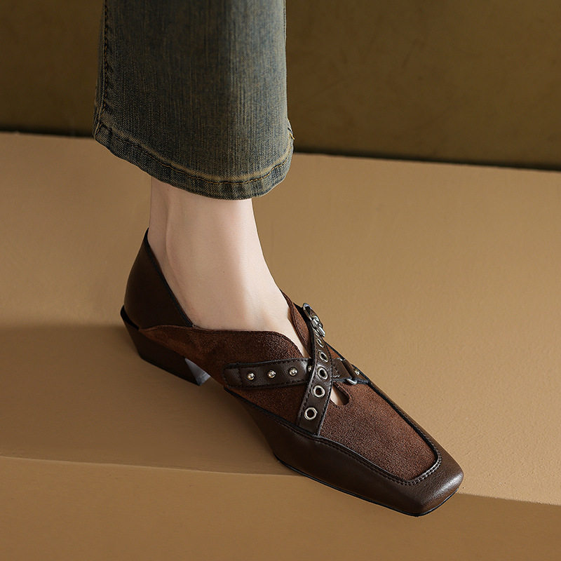 2025春季新款英伦风女士小皮鞋皮带扣粗跟浅口拼色方头时尚单鞋女