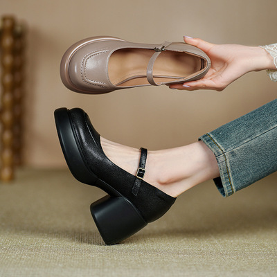 8CM 小个子粗跟圆头玛丽珍鞋女2025新款真皮厚底一字带浅口小皮鞋
