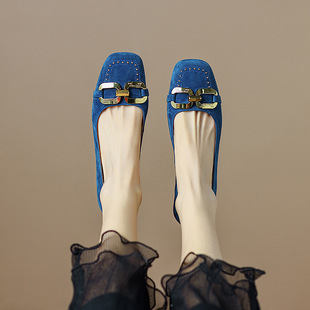 浅口瓢鞋 2cm低跟磨砂皮通勤百搭金属扣平底鞋 女秋新款 23圆头单鞋