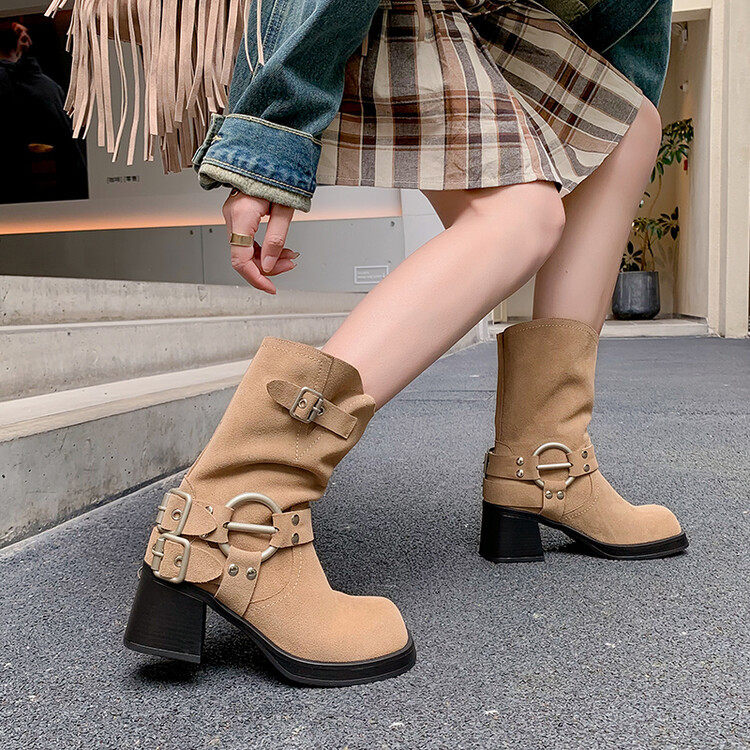 2023年新款高跟西部靴女牛翻皮粗跟厚底皮带扣秋冬新款铆钉中筒靴,户外/登山/野营/旅行用品,登山鞋/徒步鞋,淘宝优惠券,粉丝福利购,淘宝优惠卷