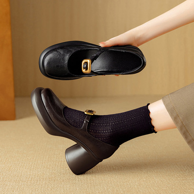 2025新款春秋真皮厚底一字带玛丽珍女百搭圆头高跟鞋粗跟浅口单鞋