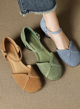 包头凉鞋女夏季2025圆头低跟粗跟真皮中跟蓝色40绿色一字扣磨砂皮