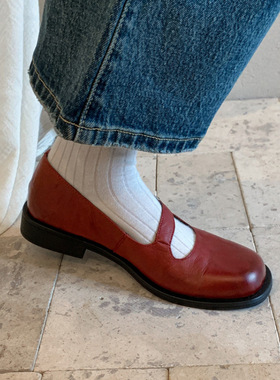 手工真皮小羊皮复古红色玛丽珍鞋女2025新款真皮一字带低粗跟单鞋