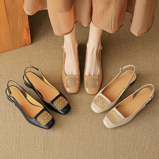 粗跟中跟通勤高跟鞋 国风包头凉鞋 仙女风浅口方头后空单鞋 新款 夏季