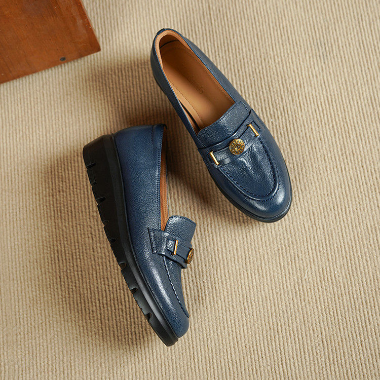 巨好穿法式深口单鞋女春秋厚底圆头中跟平底真皮内增高蓝色乐福鞋,户外/登山/野营/旅行用品,登山鞋/徒步鞋,淘宝优惠券,粉丝福利购,淘宝优惠卷