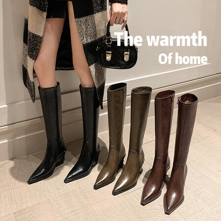 气质女神范尖头粗跟牛皮包腿骑士靴2024冬季韩系时尚侧拉链高筒靴,户外/登山/野营/旅行用品,登山鞋/徒步鞋,淘宝优惠券,粉丝福利购,淘宝优惠卷
