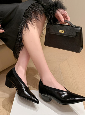 34-4014.5cm|新款法式尖头浅口中跟休闲单鞋奶奶鞋气质女鞋