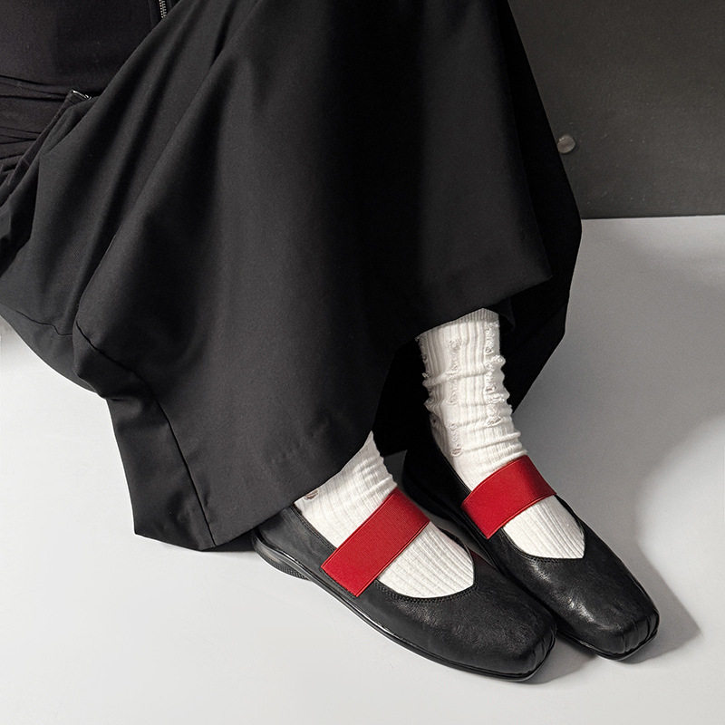 水洗牛皮法式复古玛丽珍鞋女一字带芭蕾舞鞋子浅口方头平底单鞋