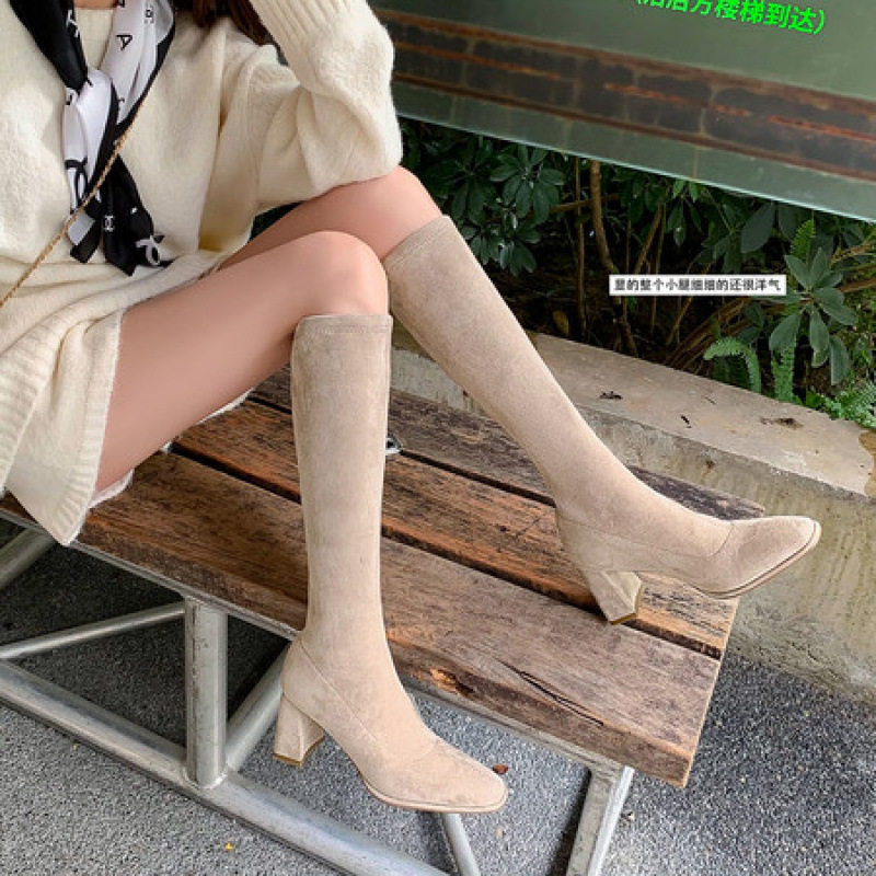 7cm绒面方头骑士靴女2025年新款高跟长筒靴不过膝高筒弹力瘦瘦靴