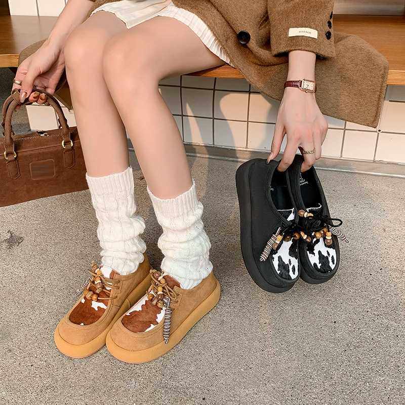 轻便真皮厚底袋鼠鞋女磨砂皮勃肯鞋英伦风系带休闲单鞋百搭乐福鞋