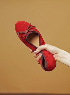 蝴蝶结红色浅口平底鞋女圆头真皮单鞋豆豆鞋开车软底孕妇鞋蛋卷鞋