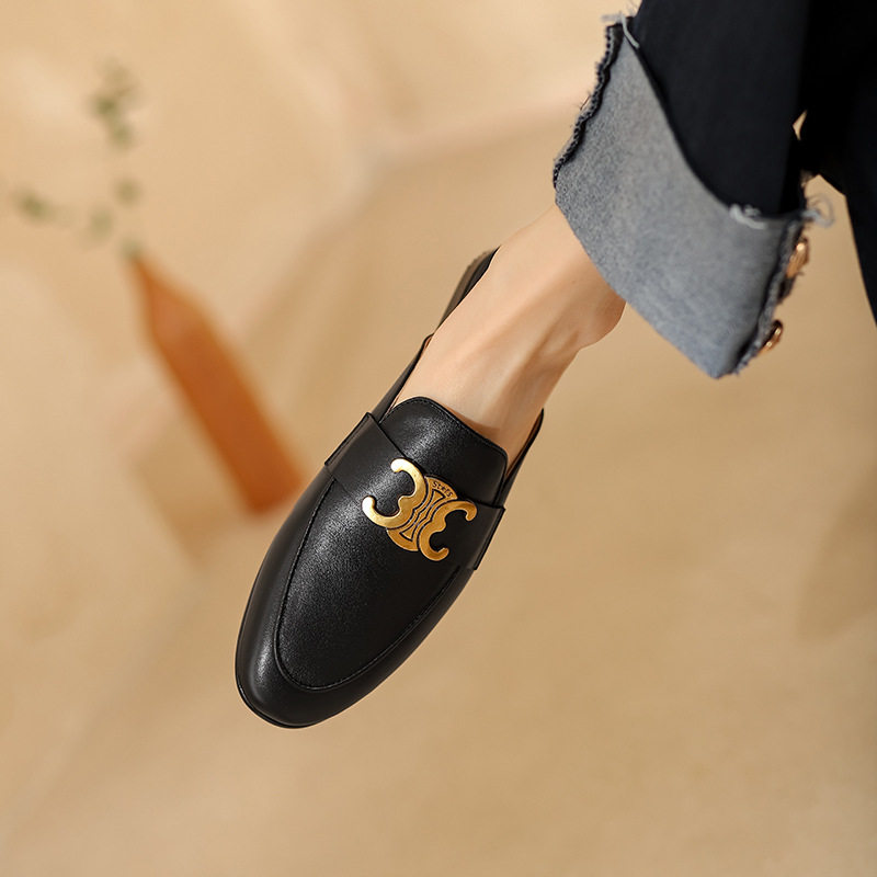 包头半拖鞋女外穿夏穆勒鞋真皮凉拖懒人复古凯旋门半托乐福鞋大码