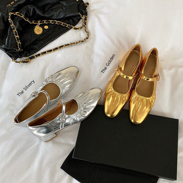 金银色系带玛丽珍鞋女平底鞋春季新品里外全皮复古圆头浅口单鞋女