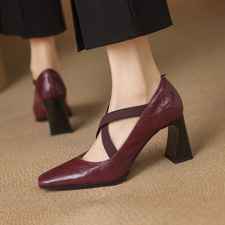 法式复古方头交叉松紧带粗跟玛丽珍鞋女2025春季新款气质高跟单鞋