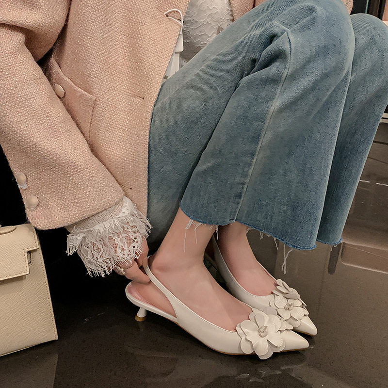 温柔系~羊皮小众花朵尖头白色高跟鞋包头法式凉鞋女款2024新款夏