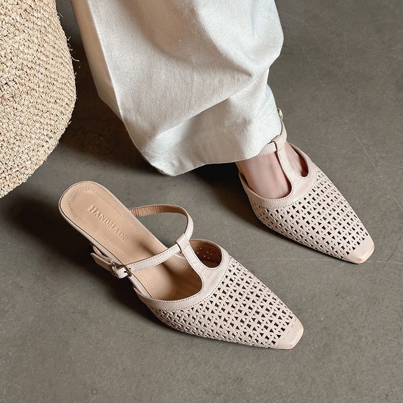 法式气质包头半拖鞋女外穿夏季2025新款洞洞鞋真皮配裙子高跟凉鞋