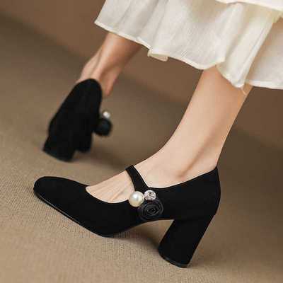 羊皮粗跟珍珠一字带单鞋女2025新款百搭玛丽珍鞋高跟鞋气质工作鞋