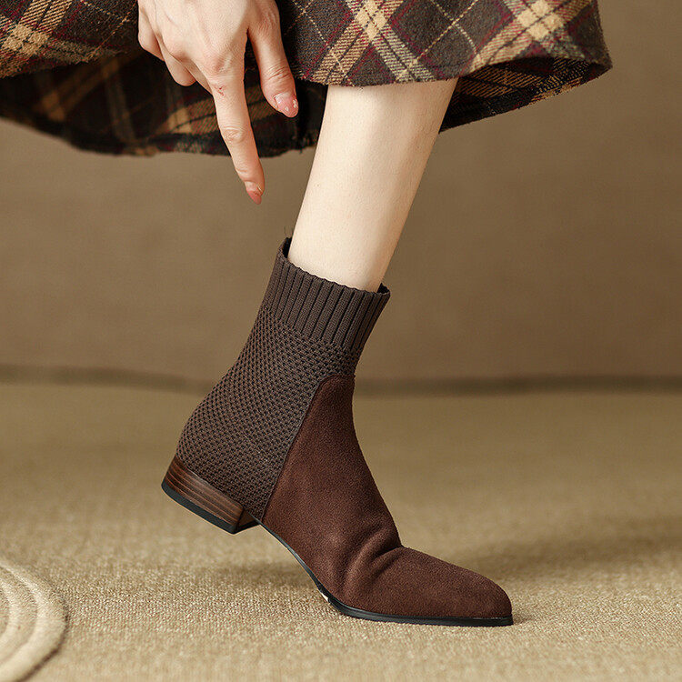 34-39码12.5cm跟高|黑/深棕|休闲尖头粗跟套脚针织复古弹力短靴秋,户外/登山/野营/旅行用品,登山鞋/徒步鞋,淘宝优惠券,粉丝福利购,淘宝优惠卷
