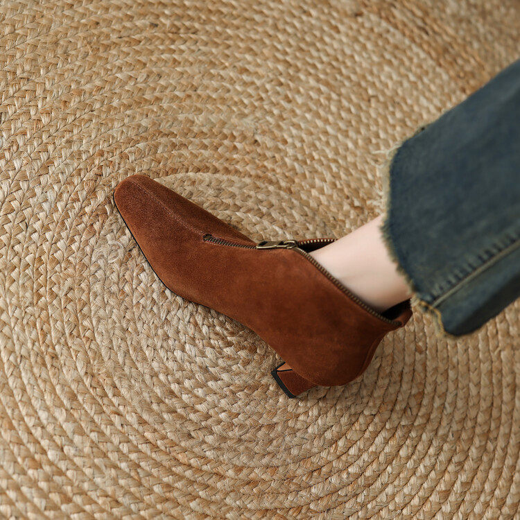 里外纯皮~5cm羊反皮秋冬真皮短靴女设计感前拉链时尚百搭粗跟靴子