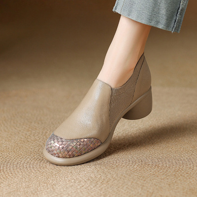 7cm真皮厚底小皮鞋女2025新款粗跟圆头针织高跟鞋一脚蹬深口单鞋