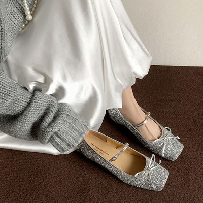 真皮绝美亮片方头蝴蝶结芭蕾鞋一字玛丽珍鞋低跟平底单鞋女小银鞋